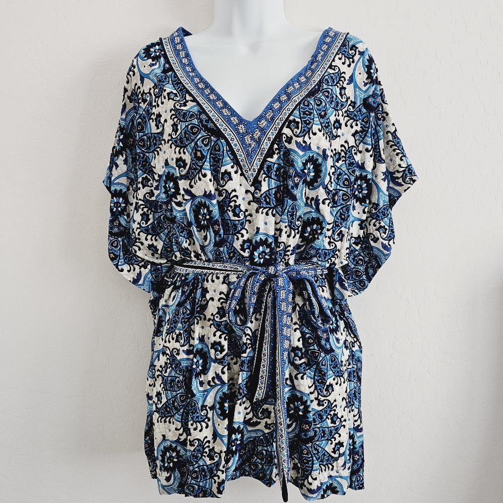 MICHAEL Michael Kors Blue Black White Paisley V-Neck Tunic with Belt